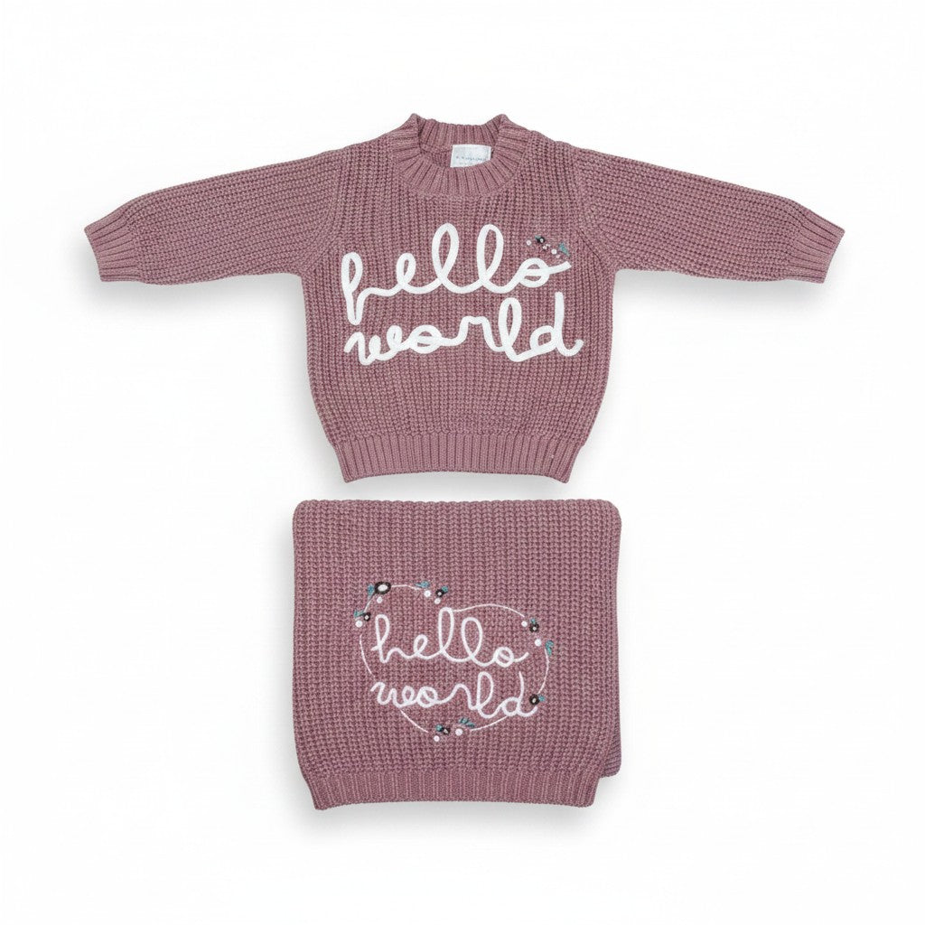 Hello world embroidered jumper and blanket set