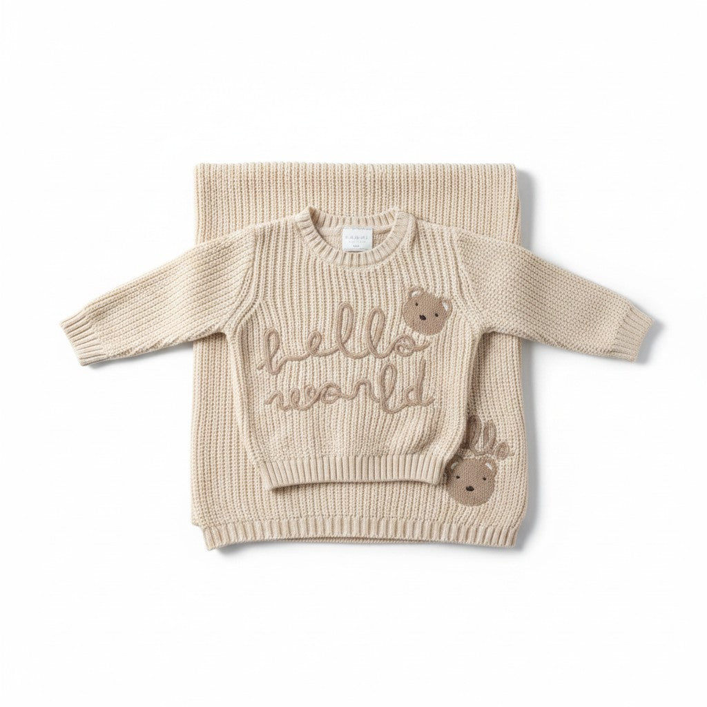 Hello world embroidered jumper and blanket set