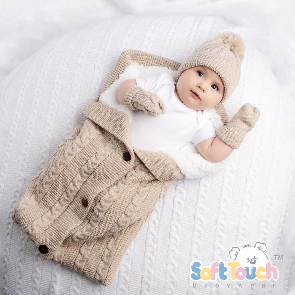 Cable knit Pom Pom swaddle wrap